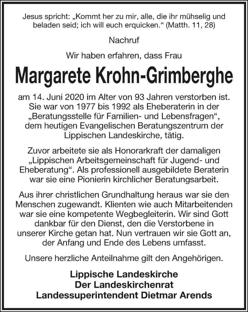  Traueranzeige für Margarete Krohn-Grimberghe vom 20.06.2020 aus Lippische Landes-Zeitung