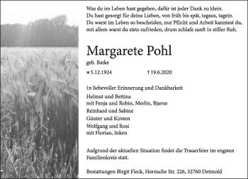 Anzeige  Margarete Pohl  Lippische Landes-Zeitung