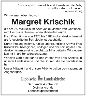 Anzeige  Margret Krischik  Lippische Landes-Zeitung