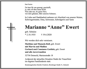 Anzeige  Marianne Ewert  Lippische Landes-Zeitung