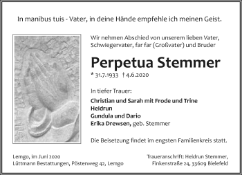 Anzeige  Perpetua Stemmer  Lippische Landes-Zeitung