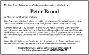Anzeige  Peter Brand  Lippische Landes-Zeitung