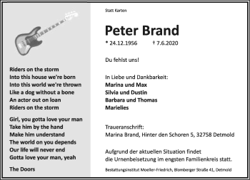 Anzeige  Peter Brand  Lippische Landes-Zeitung