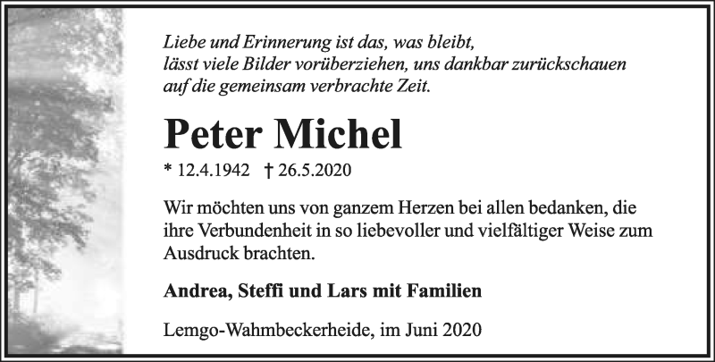  Traueranzeige für Peter Michel vom 20.06.2020 aus Lippische Landes-Zeitung