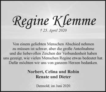 Anzeige  Regine Klemme  Lippische Landes-Zeitung