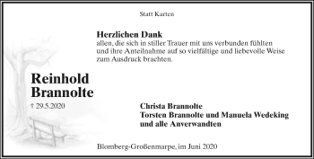 Anzeige  Reinhold Brannolte  Lippische Landes-Zeitung