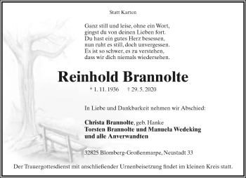 Anzeige  Reinhold Brannolte  Lippische Landes-Zeitung