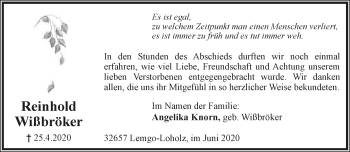 Anzeige  Reinhold Wißbröker  Lippische Landes-Zeitung