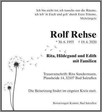 Anzeige  Rolf Rehse  Lippische Landes-Zeitung