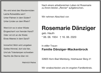 Anzeige  Rosemarie Dänziger  Lippische Landes-Zeitung