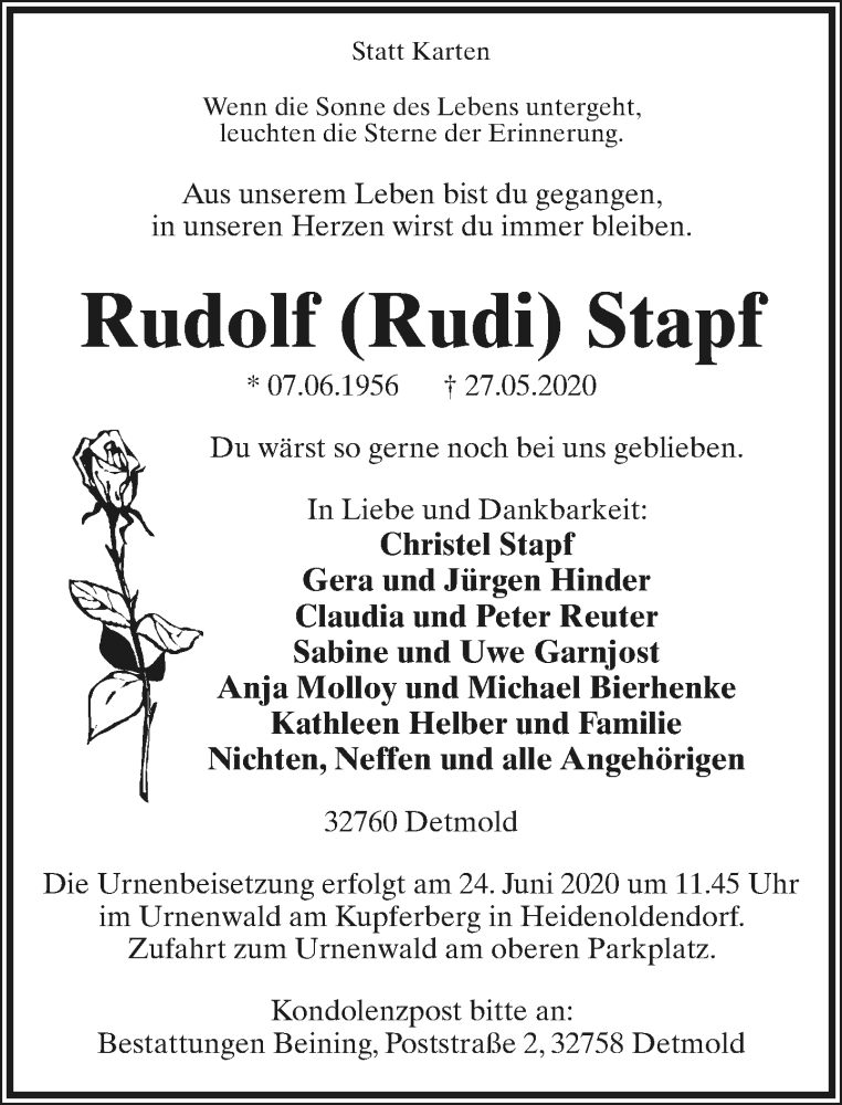  Traueranzeige für Rudolf  Stapf vom 20.06.2020 aus Lippische Landes-Zeitung