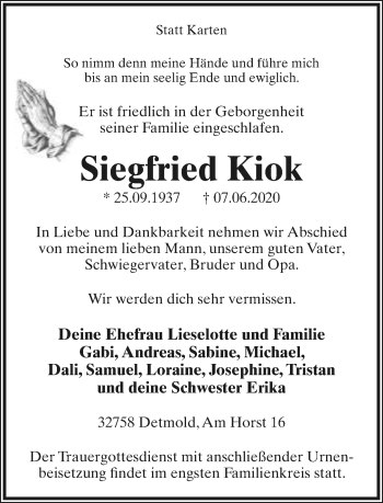 Anzeige  Siegfried Kiok  Lippische Landes-Zeitung