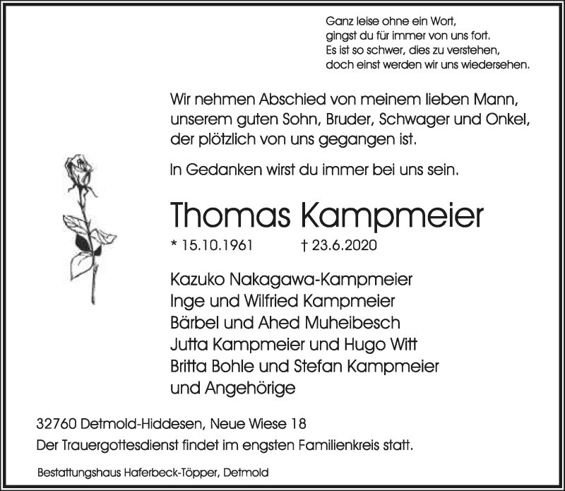  Traueranzeige für Thomas Kampmeier vom 27.06.2020 aus Lippische Landes-Zeitung