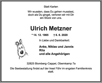 Anzeige  Ulrich Metzner  Lippische Landes-Zeitung