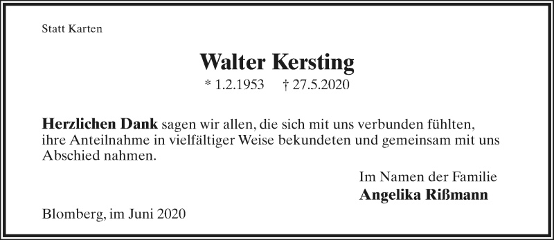  Traueranzeige für Walter Kersting vom 27.06.2020 aus Lippische Landes-Zeitung