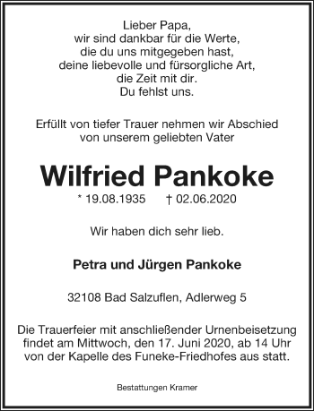 Anzeige  Wilfried Pankoke  Lippische Landes-Zeitung