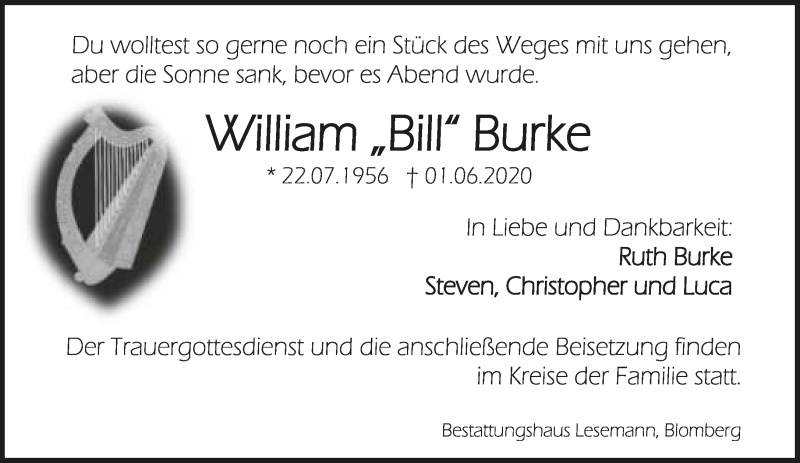  Traueranzeige für William Burke vom 06.06.2020 aus Lippische Landes-Zeitung