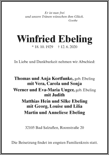 Anzeige  Winfried Ebeling  Lippische Landes-Zeitung