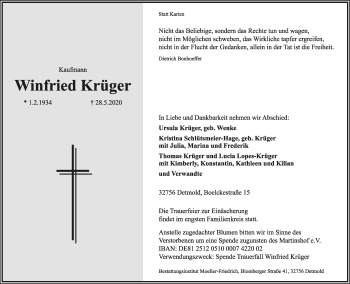 Anzeige  Winfried Krüger  Lippische Landes-Zeitung