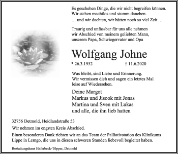 Anzeige  Wolfgang Johne  Lippische Landes-Zeitung