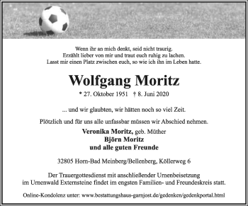 Anzeige  Wolfgang Moritz  Lippische Landes-Zeitung