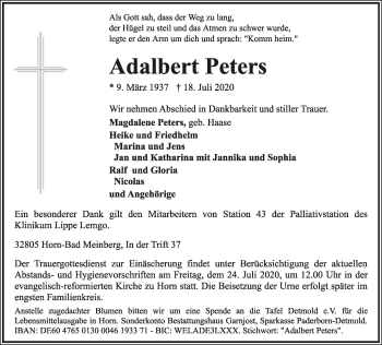 Anzeige  Adalbert Peters  Lippische Landes-Zeitung
