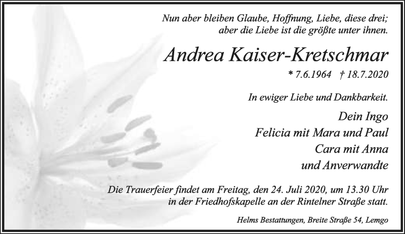  Traueranzeige für Andrea Kaiser-Kretschmar vom 22.07.2020 aus Lippische Landes-Zeitung