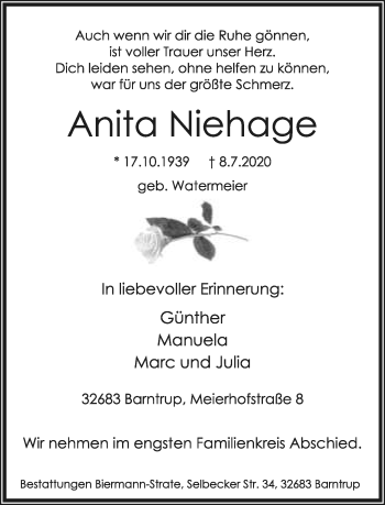 Anzeige  Anita Niehage  Lippische Landes-Zeitung