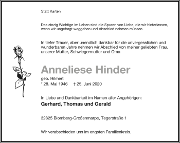 Anzeige  Anneliese Hinder  Lippische Landes-Zeitung