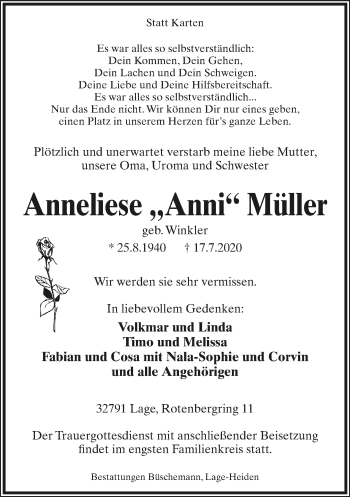 Anzeige  Anneliese Müller  Lippische Landes-Zeitung