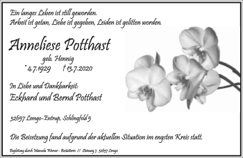 Anzeige  Anneliese Potthast  Lippische Landes-Zeitung