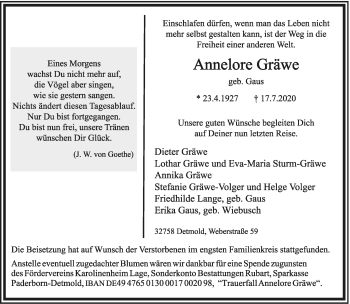 Anzeige  Annelore Gräwe  Lippische Landes-Zeitung