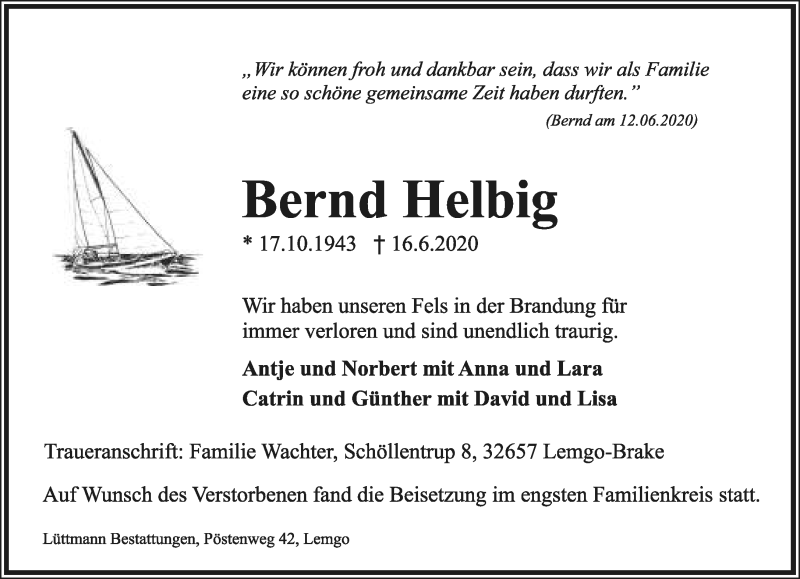  Traueranzeige für Bernd Helbig vom 04.07.2020 aus Lippische Landes-Zeitung