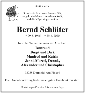 Anzeige  Bernd Schlüter  Lippische Landes-Zeitung