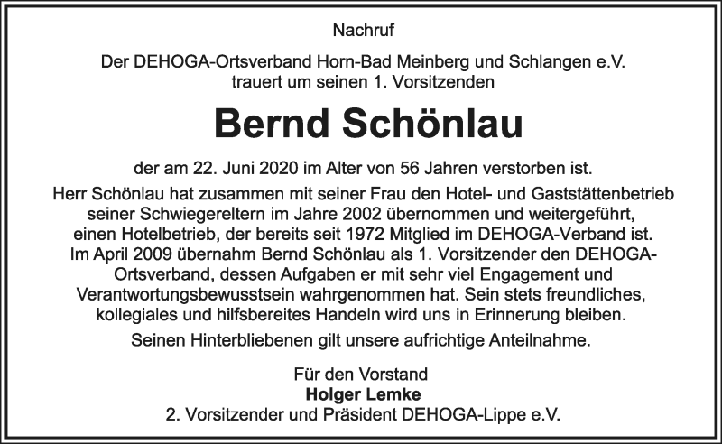  Traueranzeige für Bernd Schönlau vom 04.07.2020 aus Lippische Landes-Zeitung