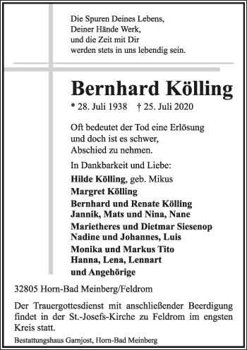 Anzeige  Bernhard Kölling  Lippische Landes-Zeitung