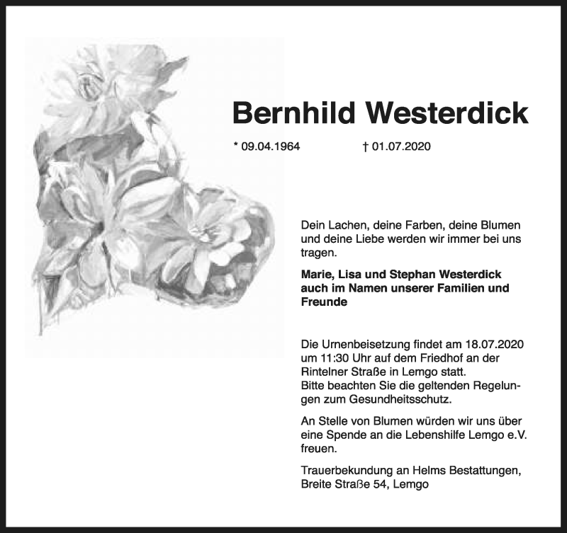  Traueranzeige für Bernhild Westerdick vom 11.07.2020 aus Lippische Landes-Zeitung