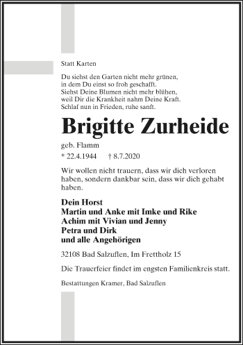 Anzeige  Brigitte Zurheide  Lippische Landes-Zeitung