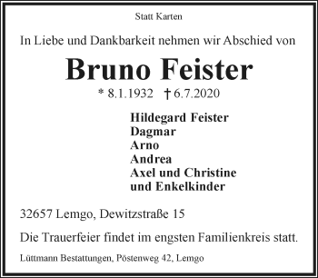 Anzeige  Bruno Feister  Lippische Landes-Zeitung