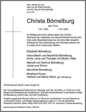 Anzeige  Christa Bömelburg  Lippische Landes-Zeitung