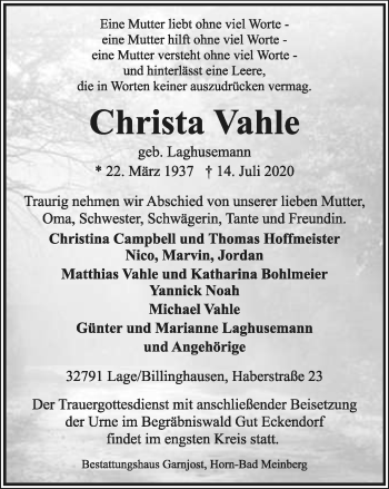 Anzeige  Christa Vahle  Lippische Landes-Zeitung