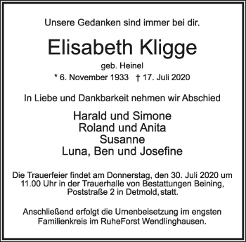 Anzeige  Elisabeth Kligge  Lippische Landes-Zeitung