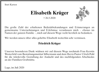 Anzeige  Elisabeth Krüger  Lippische Landes-Zeitung