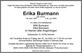 Anzeige  Erika Burmann  Lippische Landes-Zeitung