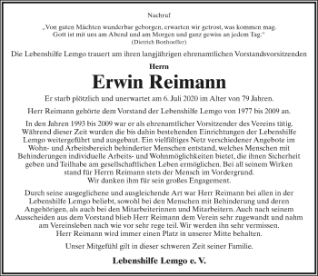 Anzeige  Erwin Reimann  Lippische Landes-Zeitung