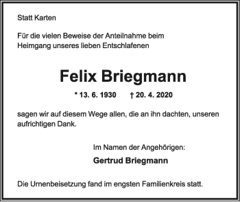 Anzeige  Felix Briegmann  Lippische Landes-Zeitung