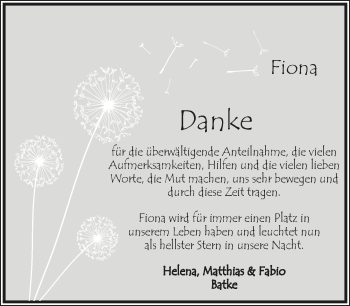 Anzeige  Fiona Batke  Lippische Landes-Zeitung