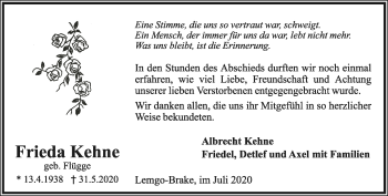 Anzeige  Frieda Kehne  Lippische Landes-Zeitung