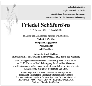 Anzeige  Friedel Schäfertöns  Lippische Landes-Zeitung
