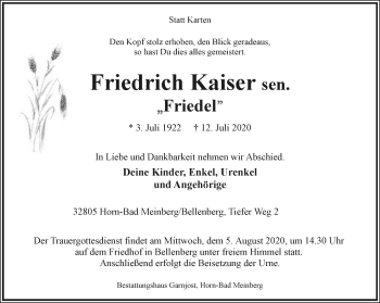 Anzeige  Friedrich Kaiser  Lippische Landes-Zeitung
